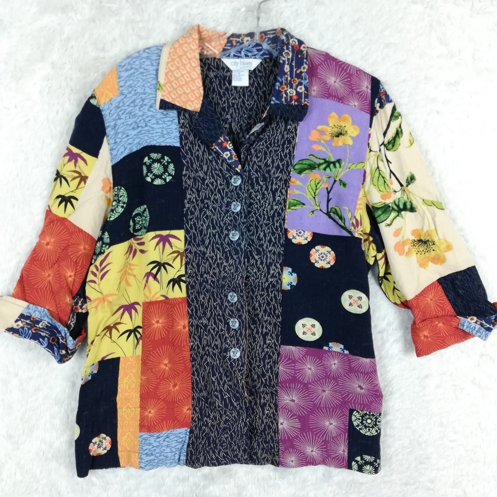 Vtg City Blues Korets Womens Shirt Button Down Patchwork Floral Half Sleeve M